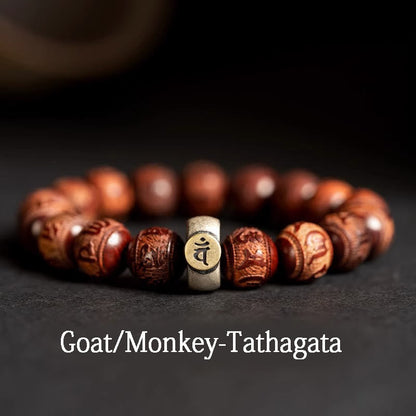 Mythstone Chinese Zodiac Natal Buddha Small Leaf Red Sandalwood Om Mani Padme Hum Protection Bracelet