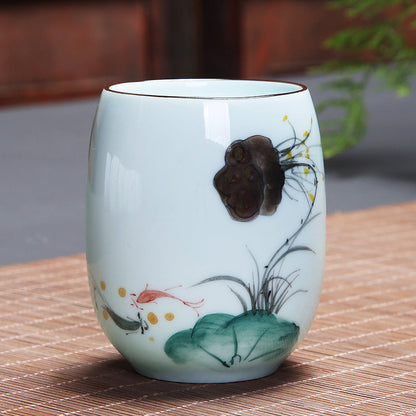 Mythstone Koi Fish Lotus Landscape Dandelion Peony Flower Ceramic Teacup Kung Fu Tea Cup