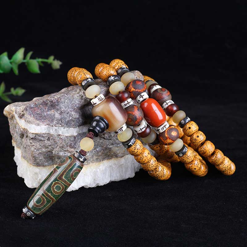 Mythstone Tibetan Nine-Eye Dzi Bead Mala Bodhi Seed Wealth Peace Bracelet