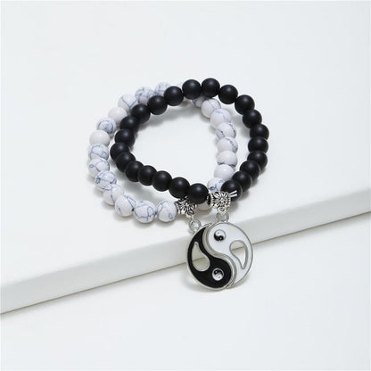 MythStone 2pcs Natural Black Onyx White Turquoise Bead Yin Yang Couple Bracelet