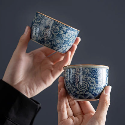 Mythstone Blue Lotus Peach Blossom Chrysanthemum Design Ceramic Teacup Kung Fu Tea Cups