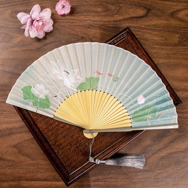 Mythstone Jasmine Lotus Begonia Flowers Handheld Bamboo Folding Fan