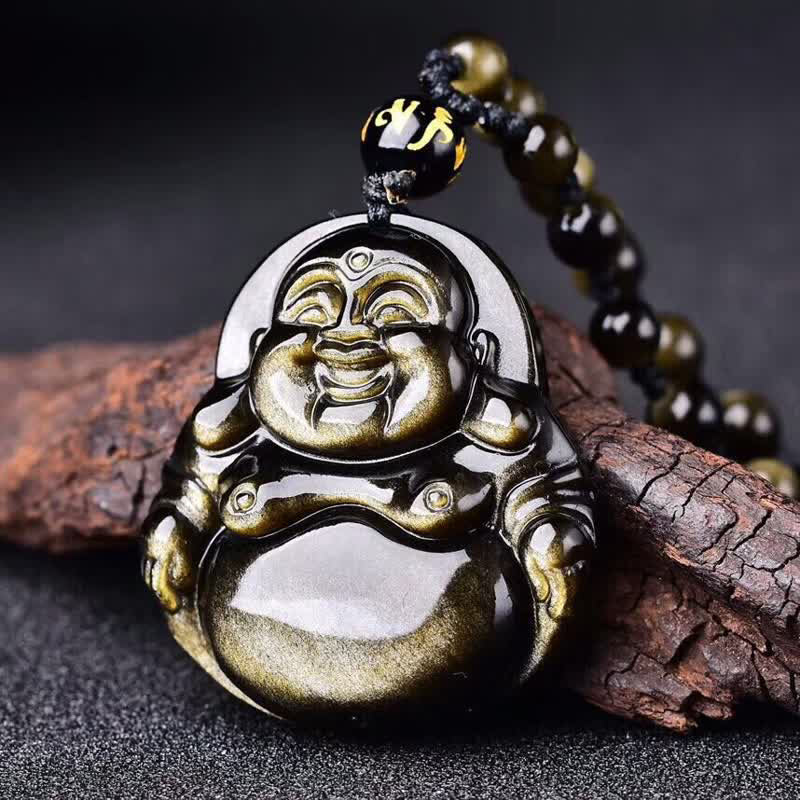 Mythstone Laughing Buddha Gold Sheen Obsidian Wealth Necklace Pendant