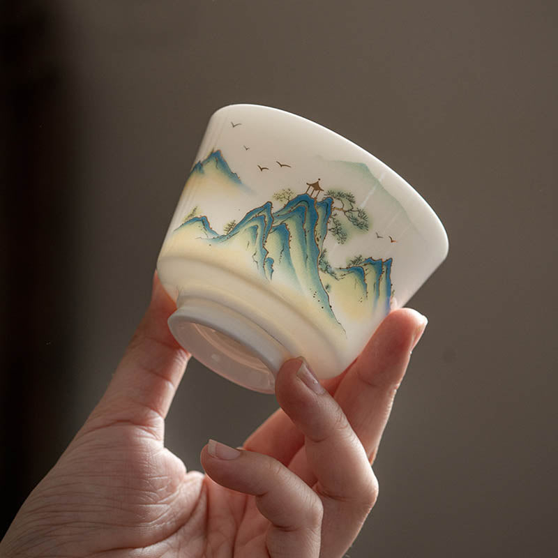 Mythstone Lotus Flower Leaf Mountain Pavilion Elk Peony Ceramic Teacup Kung Fu Tea Cup