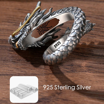 Mythstone 925 Sterling Silver Vintage Dragon Design Protection Strength Adjustable Ring