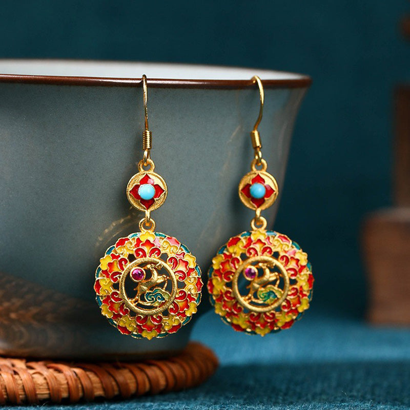 Pendientes colgantes de cobre con forma de alce de color Dunhuang bañados en oro de 24 quilates de Mythstone 