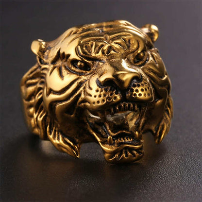 Mythstone Men's Animal Tiger Head Titanium Steel Balance Calm Punk Rock Biker Ring