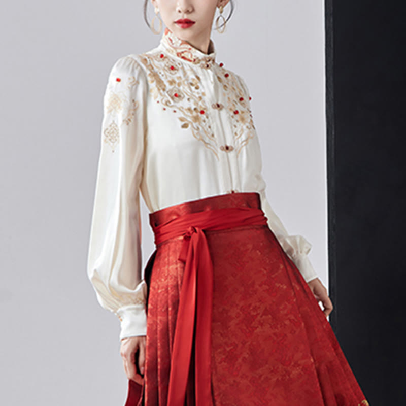 Mythstone Flowers Leaves Feathers Long Sleeve Shirt Top Chinese Hanfu Ming Dynasty Horse Face Skirt Mamianqun Skirt