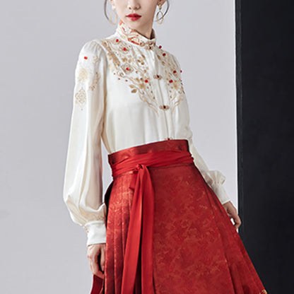 Mythstone Flowers Leaves Feathers Long Sleeve Shirt Top Chinese Hanfu Ming Dynasty Horse Face Skirt Mamianqun Skirt