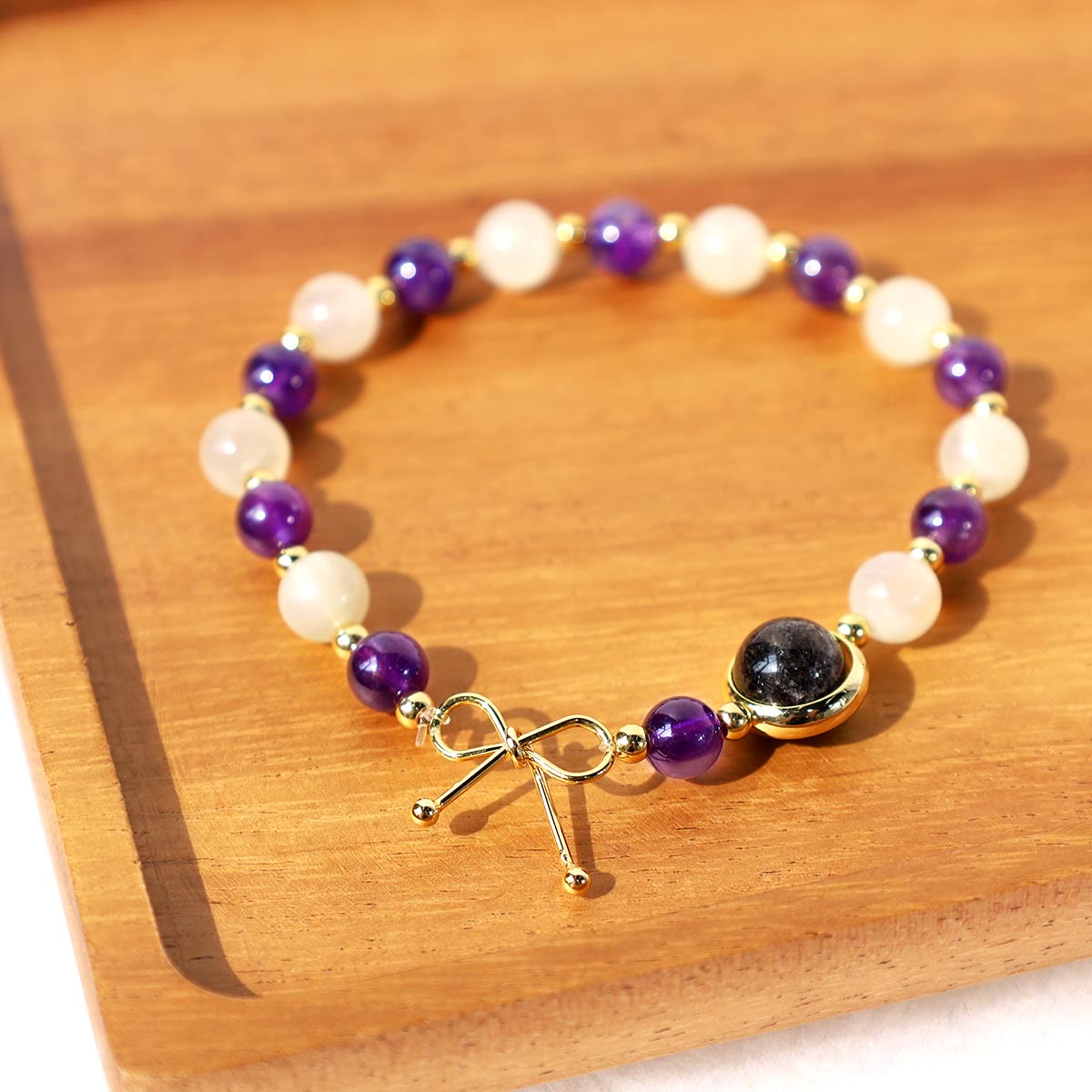 Mythstone Amethyst Cat Eye Black Rutilated Quartz Spiritual Bead Bracelet