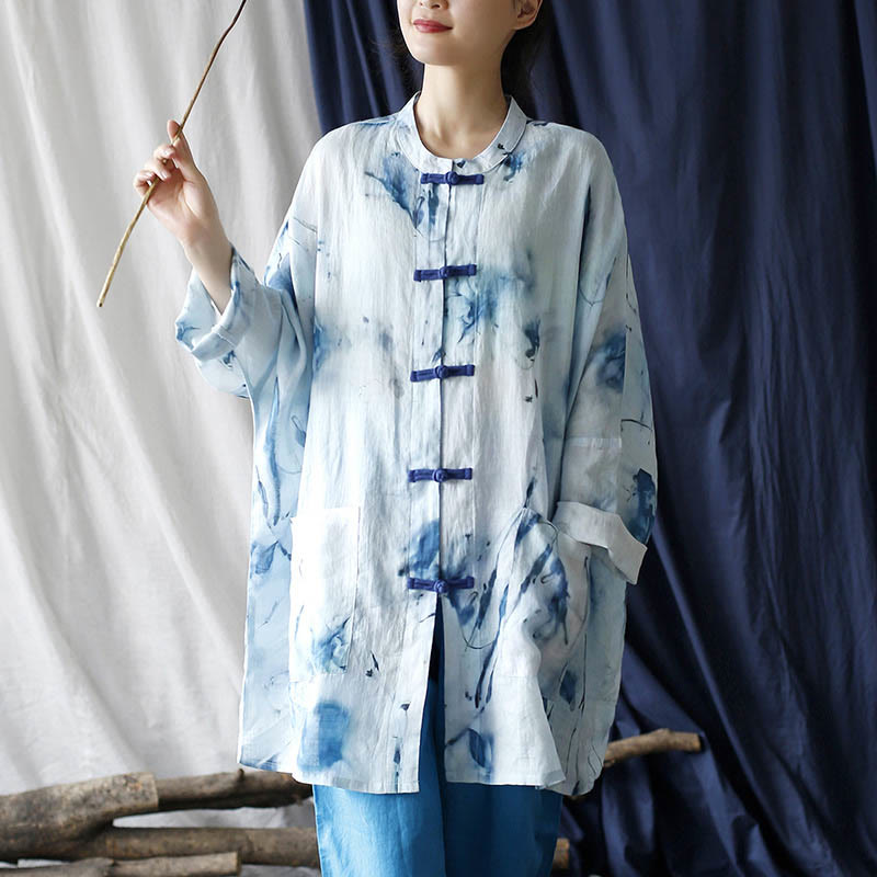 Mythstone Blue White Ink Printing Frog-button Design Long Sleeve Ramie Linen Jacket Shirt With Pockets