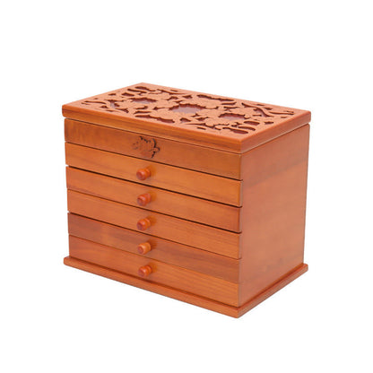 Mythstone Large Capacity Vintage Flowers Carved Wooden Jewelry Box Six-Layer Jewelry Storage Box