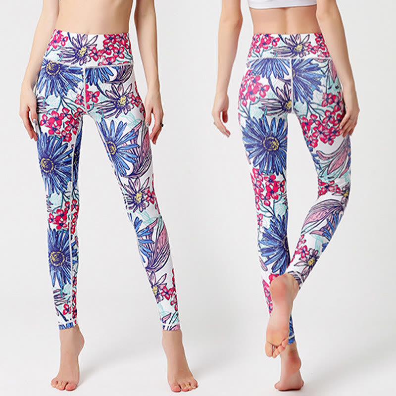 Mythstone Colorful Flower Petal Leaves Print Sports Exercise Fitness High Waist Leggings Women's Yoga Pants