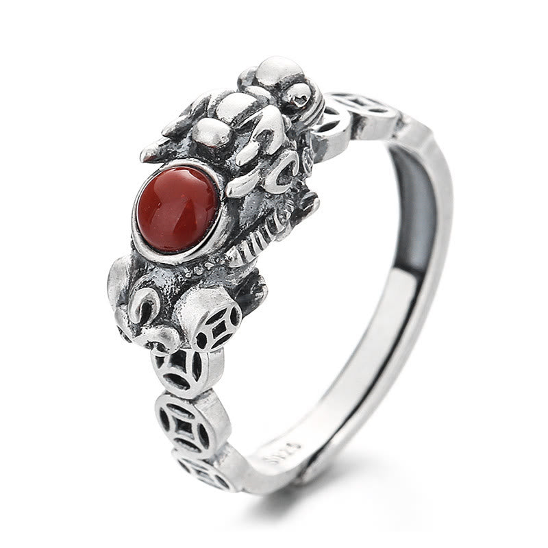 Mythstone PiXiu Copper Coin Red Agate Wealth Luck Ring