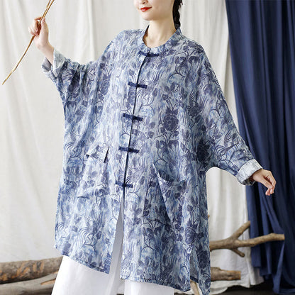 Mythstone Blue Flowers Butterfly Frog-Button Long Sleeve Ramie Linen Jacket Shirt With Pockets