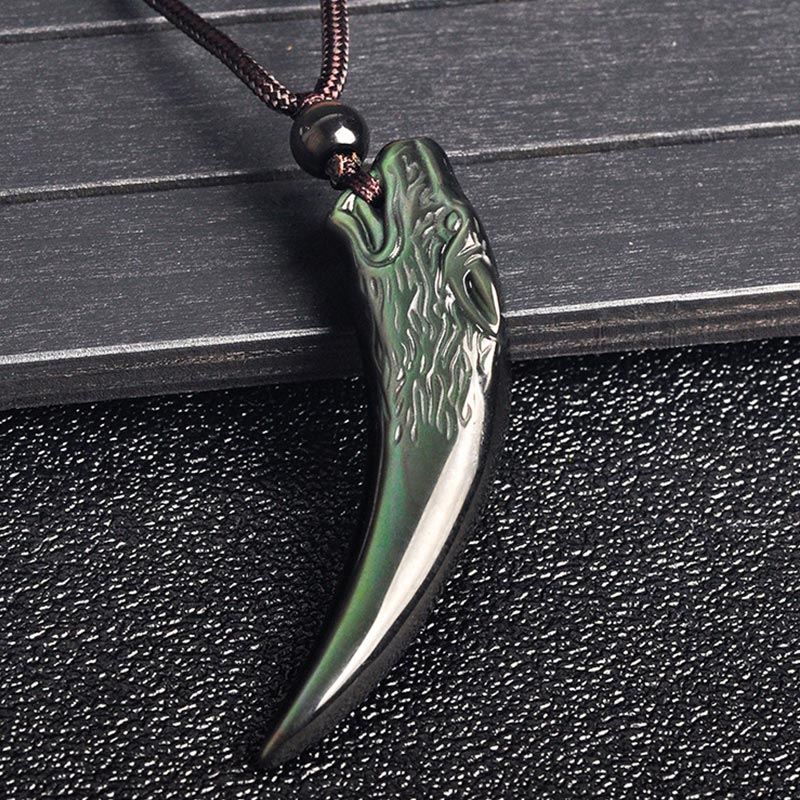 Mythstone Natural Black Obsidian Ice Obsidian Rainbow Obsidian Wolf Tooth Pattern Strength Necklace Pendant