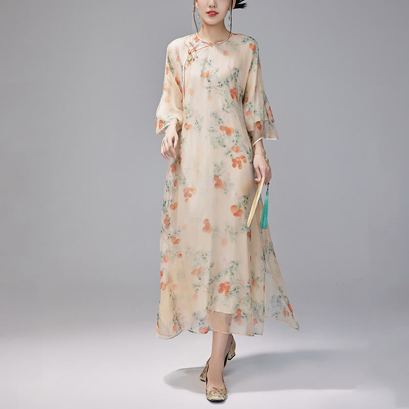 Mythstones 100% Mulberry Silk 6 Momme Dress Vintage Loose Lychee Fruit Tree Patttern Qipao Dress Women's Cheongsam Dress