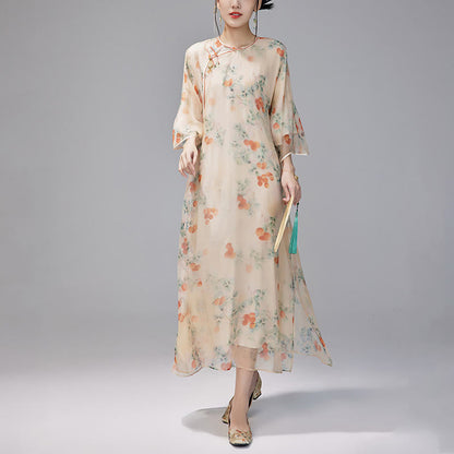 Mythstones 100% Mulberry Silk 6 Momme Dress Vintage Loose Lychee Fruit Tree Patttern Qipao Dress Women's Cheongsam Dress