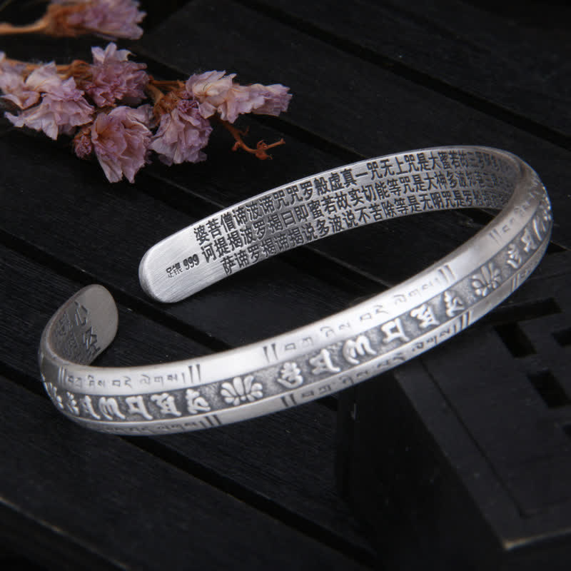 Mythstone 999 Sterling Silver Om Mani Padme Hum Heart Sutra Lotus Peace Bracelet Bangle