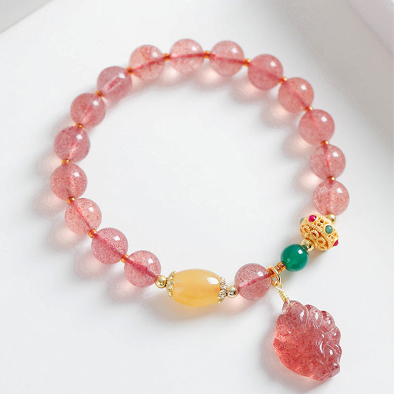 Mythstone Natural Strawberry Quartz Nine-Tailed Fox Healing Bracelet