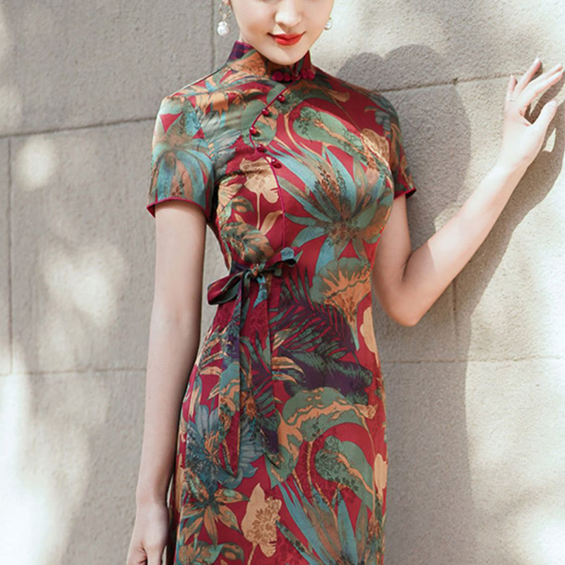 Mythstone Silk Qipao Dress Retro Flower Leaf Pattern Women's Cheongsam Dress