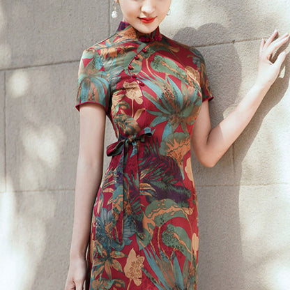 Mythstone Silk Qipao Dress Retro Flower Leaf Pattern Women's Cheongsam Dress