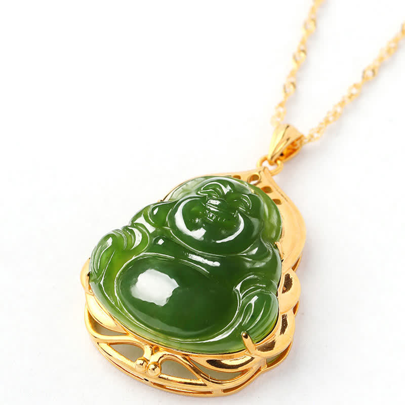 Mythstone 925 Sterling Silver Natural Hetian Cyan Jade Laughing Buddha 18K Gold Healing Necklace Chain Pendant