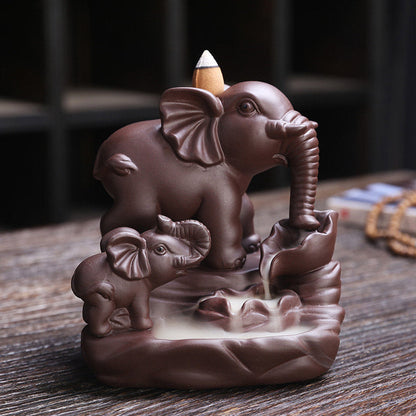 Mythstone Tibetan Elephant Purple Clay Backflow Smoke Fountain Protection Incense Burner Decoration