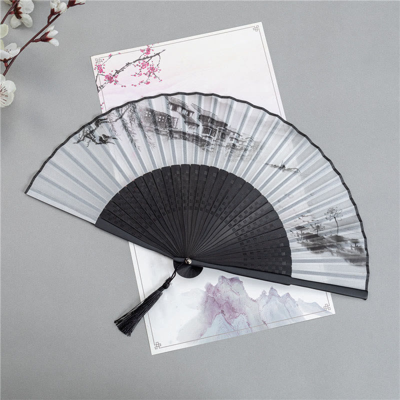 Mythstone Mountains Plum Blossom Lotus Magpie Bamboo Leaves Handheld Silk Bamboo Folding Fan 22.5cm