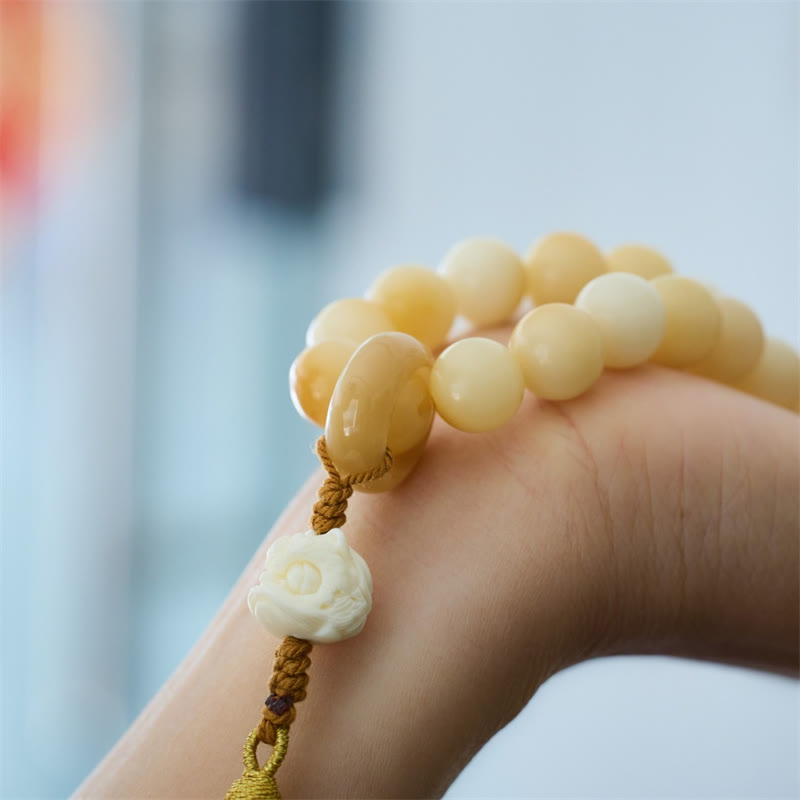 Mythstone Natural Bodhi Seed Ivory Fruit Dancing Lion Charm Harmony Tassel Wrist Mala