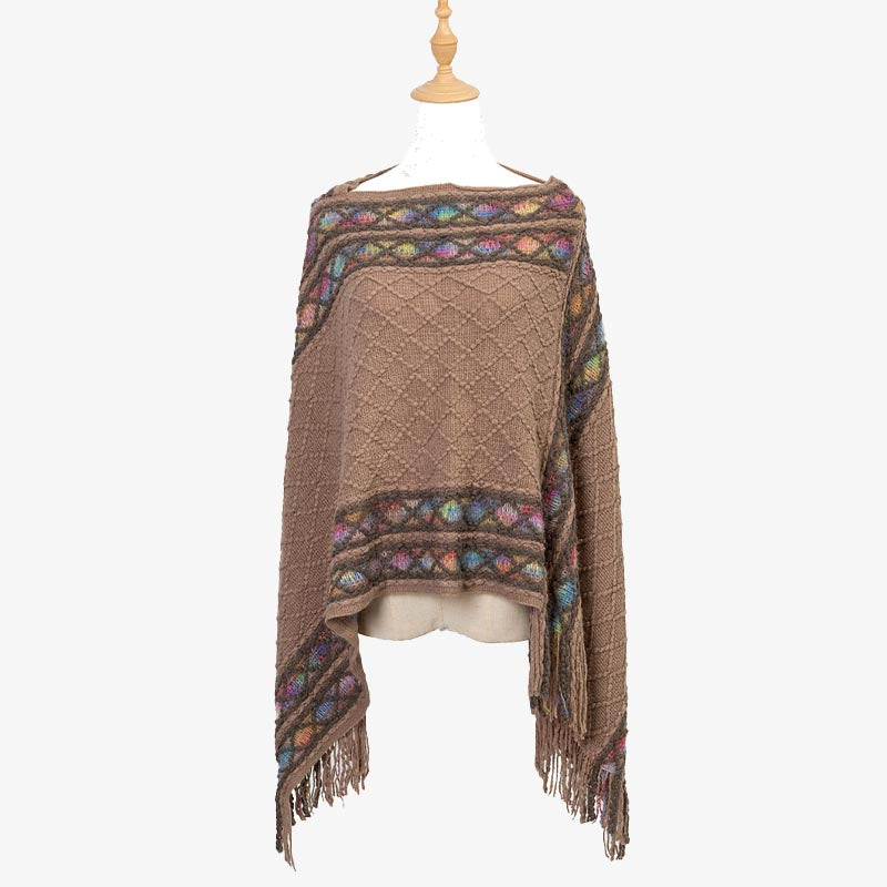 Mythstone Tibetan Colorful Striped Rhombus Pattern Shawl Tassels Pullover Winter Cozy Travel Scarf Wrap