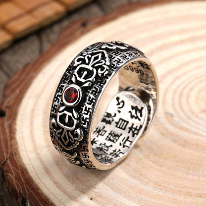 Anillo ajustable de riqueza con el sutra del corazón, vajra, dorje y rana del feng shui, piedra mítica, piedra Genstone PiXiu 