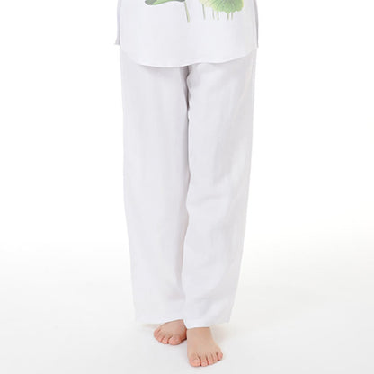 Mythstone 2Pcs White Lotus Flower Leaf Half Sleeve Shirt Top Pants Meditation Zen Tai Chi Linen Clothing Women's Set