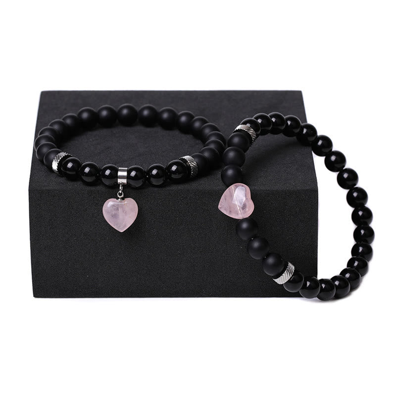 Mythstone 2Pcs Black Onyx Crystal Stone Love Heart Protection Support Couple Bracelet