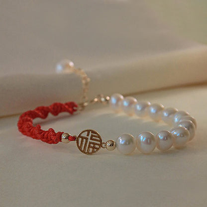 Mythstone 14K Gold Plated Pearl Bead Luck Protection Braid Red String Bracelet