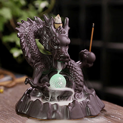 Mythstone Auspicious Dragon Ceramic Backflow Smoke Fountain Meditation Healing Incense Burner Led Ball Decoration