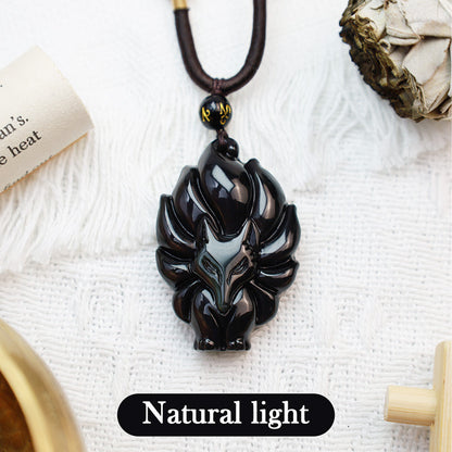 Mythstone Natural Rainbow Obsidian Gold Sheen Obsidian Nine Tailed Fox Positive Necklace Pendant