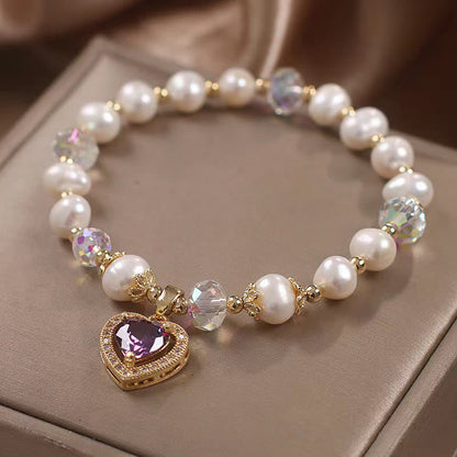 Mythstone Natural Pearl Amethyst Love Heart Healing Charm Bracelet