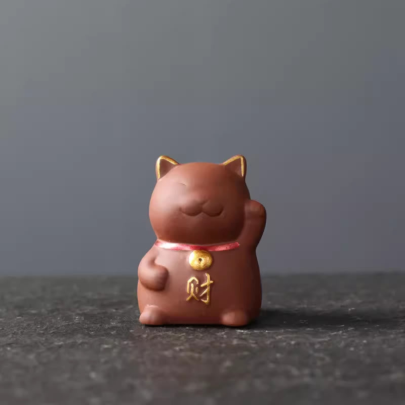 Mythstone Mini Lucky Cat Wealth Tea Pet Purple Clay Figurine Decoration