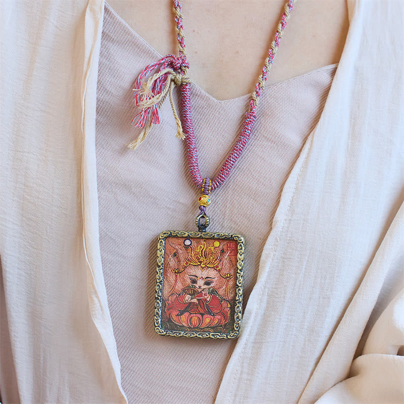 Mythstone Tibetan Hand-Painted Thangka Nine-Tailed Fox Luck Necklace Pendant