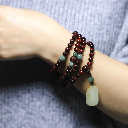 Mythstone Tibetan Small Leaf Red Sandalwood Jade Mala Meditation Bracelet