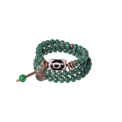 Mythstone Cyan Bodhi Seed Dzi Bead Wisdom Peace Triple Wrap Bracelet