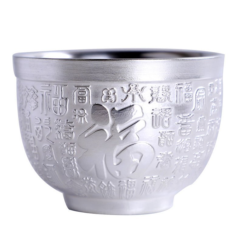 Mythstone Fu Character Dragon Phoenix Horse Koi Fish Silver Gilding Ceramic Teacup Kung Fu Tea Cup