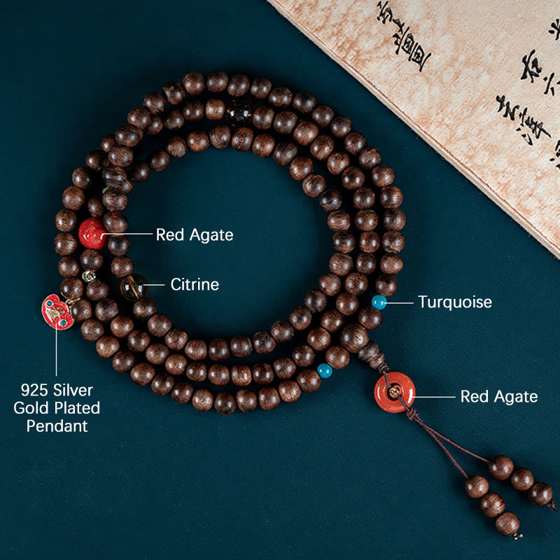 Mythstone 108 Mala Beads Kalimantan Agarwood Laughing Buddha Peace Buckle Red Agate Jade Strength Bracelet