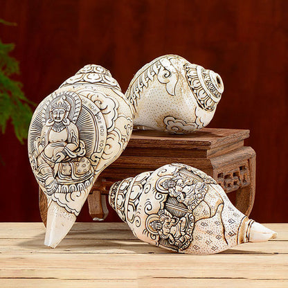 Mythstone Tibetan Handmade Engraved Shankha Buddha Avalokitesvara Conch Shell Wealth Decoration