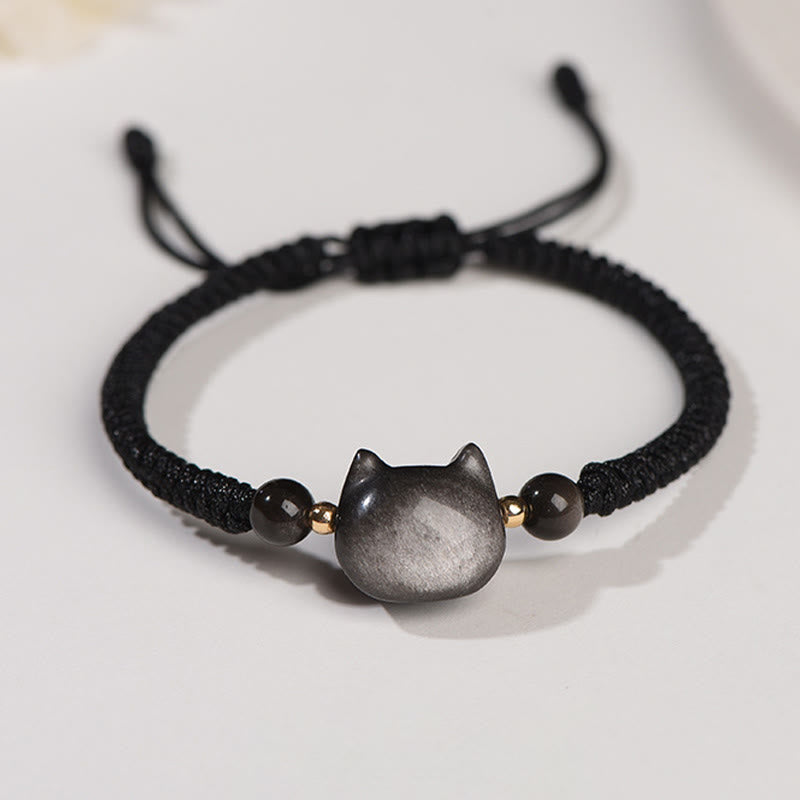 Pulsera trenzada con protección de gato linda y obsidiana con brillo de plata natural hecha a mano de Mythstone