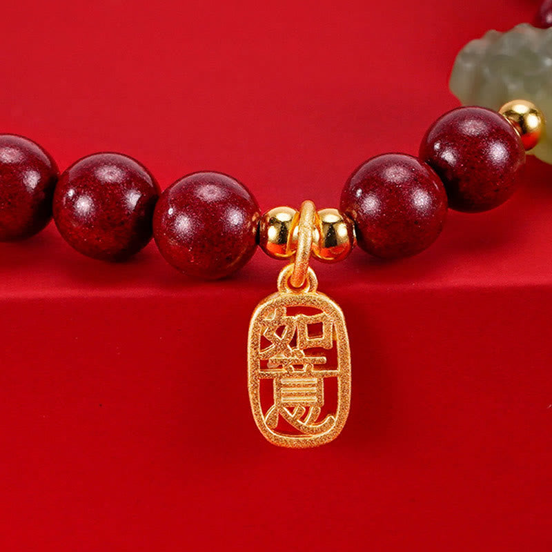 Mythstone 925 Sterling Silver Year of the Dragon Natural Cinnabar Hetian Jade Dragon Fu Character Ruyi As One Wishes Charm Blessing Bracelet