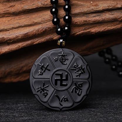 Mythstone Natural Black Obsidian Tibetan Om Mani Padme Hum Buddha Swastika Luck Necklace Pendant