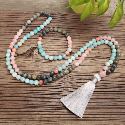 108 Mala Beads Amazonite Black Glitter Stone Positive Tassel Bracelet