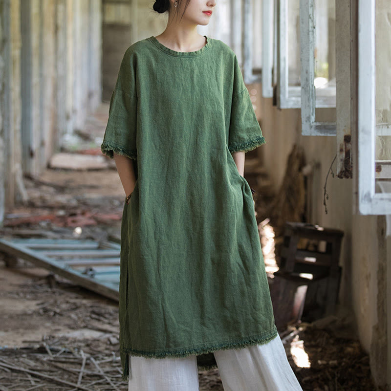 Mythstone Mid Length Dress Ramie Linen Half Sleeve Split Hem Top T-Shirt